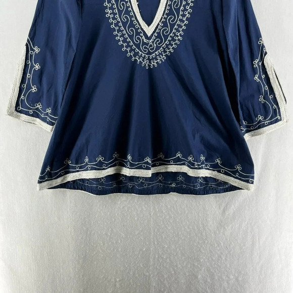 Adrienne Vittadini Dress Tunic M Blue Embroidered V Neck Flare Hem Unlined Boho - Picture 7 of 13